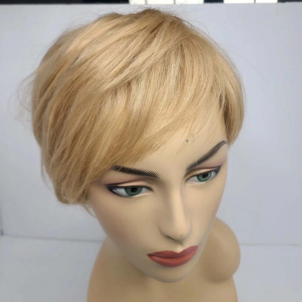 Human Hair Wig Blonde Pixie Cut‎ Capless Mono Top Clip In Breathable Wefted Back
